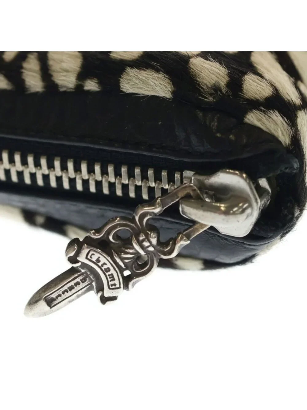 Chrome Hearts Rec Zip Mini Round Zip Calf Hair Leather Wallet Black White